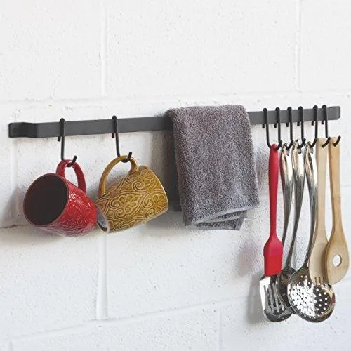 Wallniture Kitchen Rail Organizer Iron Hanging Utensils Rack with Hooks Frosty Black 30 Inch