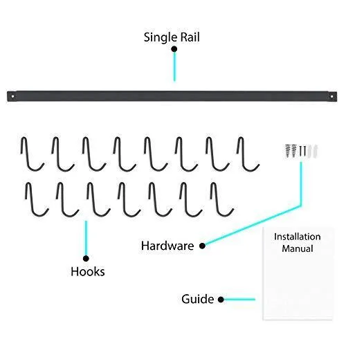 Wallniture Kitchen Rail Organizer Iron Hanging Utensils Rack with Hooks Frosty Black 30 Inch