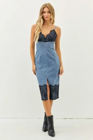 WASHED DENIM FITTED LACE DETAIL DRESS