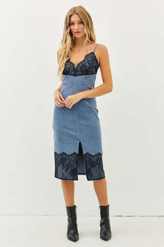 WASHED DENIM FITTED LACE DETAIL DRESS