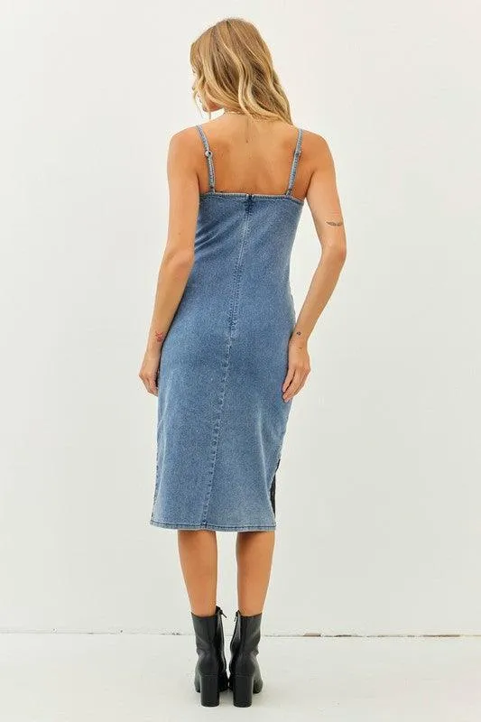 WASHED DENIM FITTED LACE DETAIL DRESS