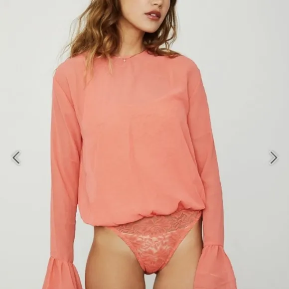 We are HAH Coral Chiffon Lace Bodysuit