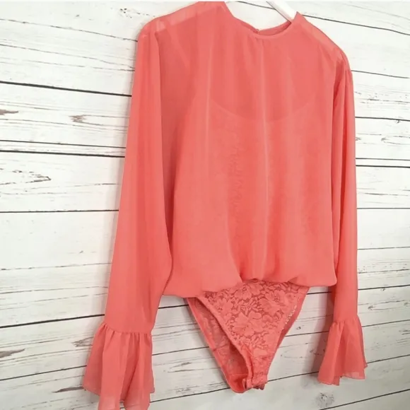 We are HAH Coral Chiffon Lace Bodysuit