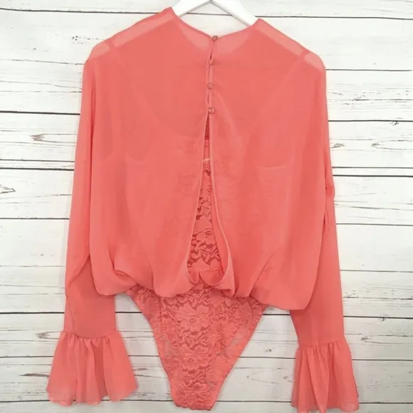 We are HAH Coral Chiffon Lace Bodysuit