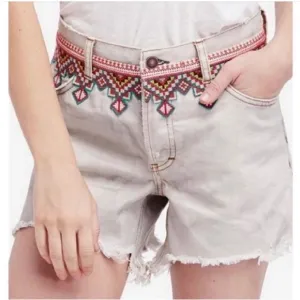 We the Free Borderline shorts gray denim distressed cutoffs embroidered