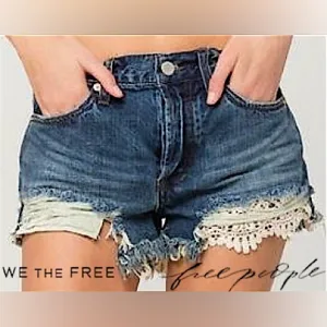WE THE FREE Daisy Chain Lace Denim Shorts Distressed cut off jean shorts Fringe