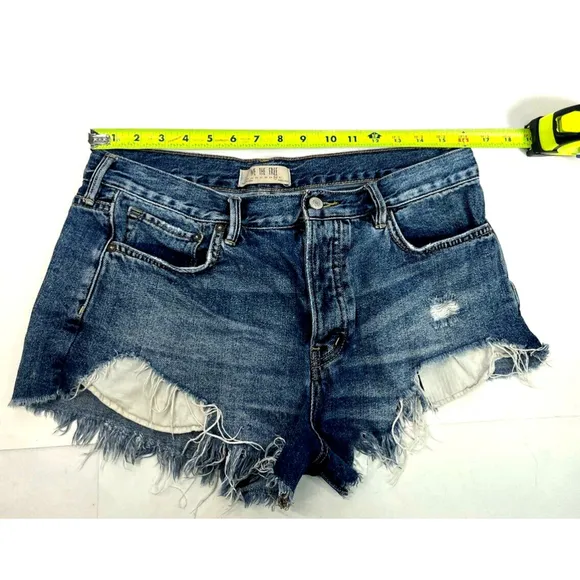 We The Free People Womens Frayed Fringe Button Fly Blue Jean Shorts Size 30