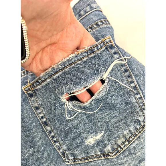 We The Free People Womens Frayed Fringe Button Fly Blue Jean Shorts Size 30