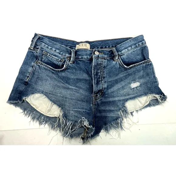 We The Free People Womens Frayed Fringe Button Fly Blue Jean Shorts Size 30