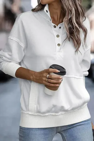 White Ribbed Hem Snap Button Neckline Sweatshirt with Pocket