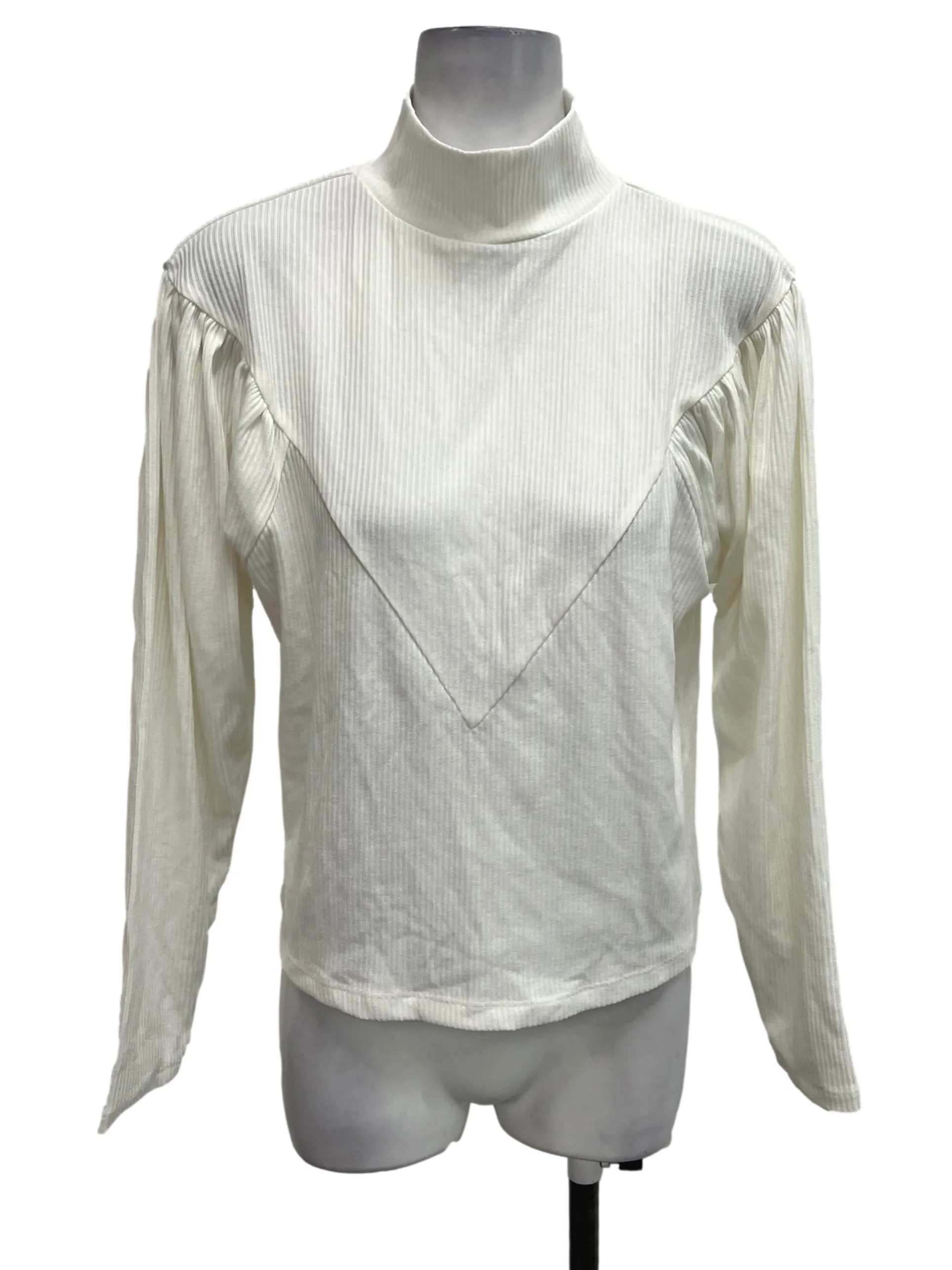 White Ribbed Mock Neck Blouse