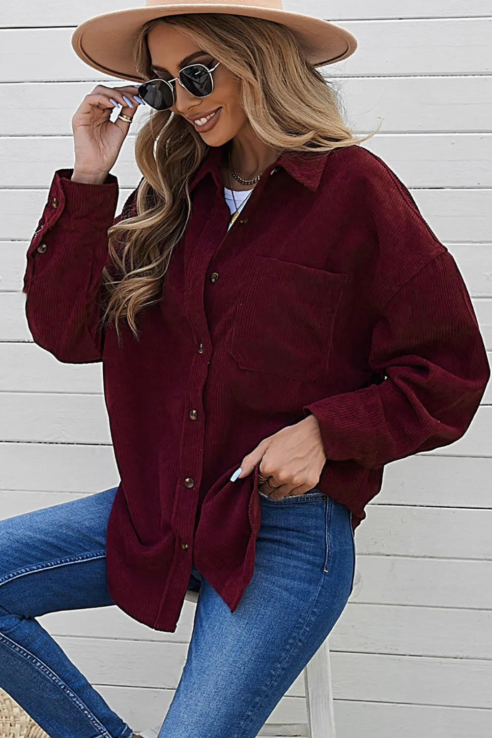 Wine Fiery Red Corduroy Button Pocket Shirt