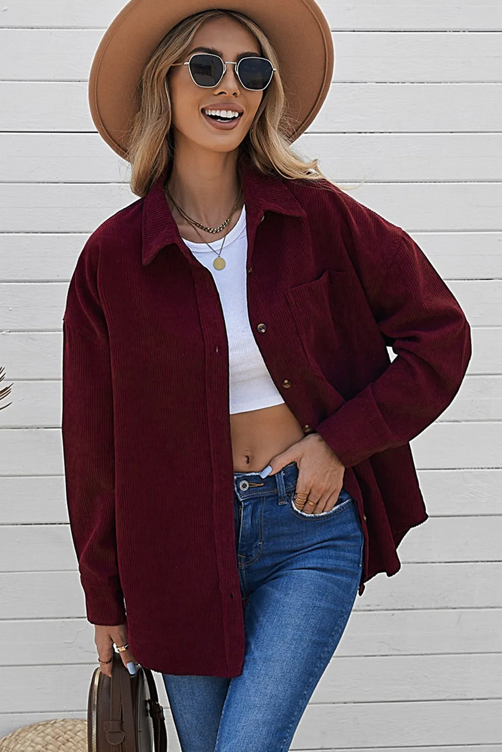 Wine Fiery Red Corduroy Button Pocket Shirt