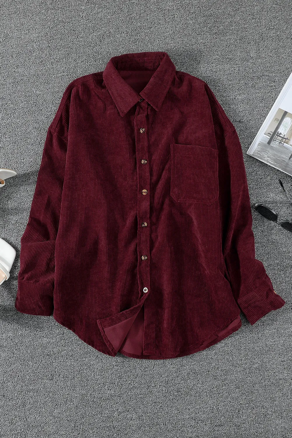 Wine Fiery Red Corduroy Button Pocket Shirt