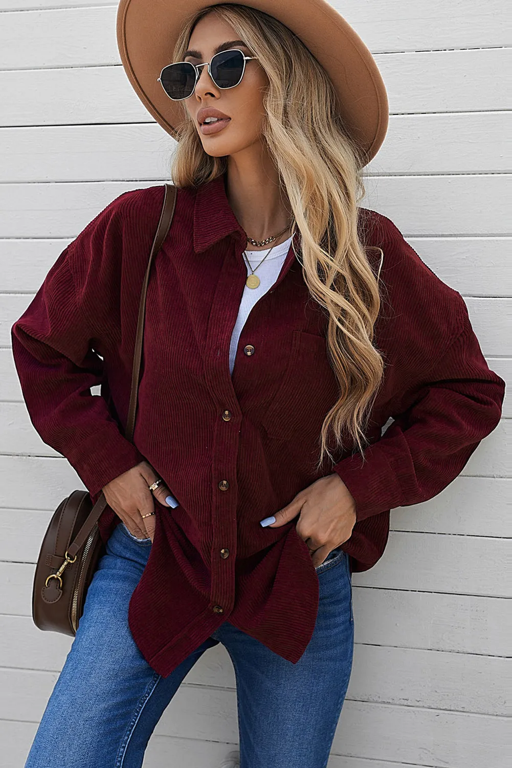 Wine Fiery Red Corduroy Button Pocket Shirt