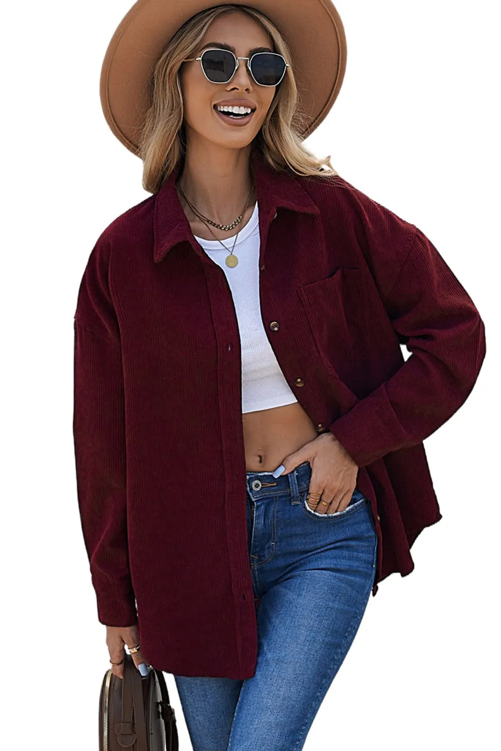 Wine Fiery Red Corduroy Button Pocket Shirt