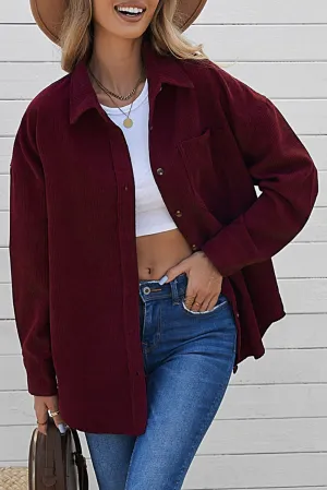 Wine Fiery Red Corduroy Button Pocket Shirt
