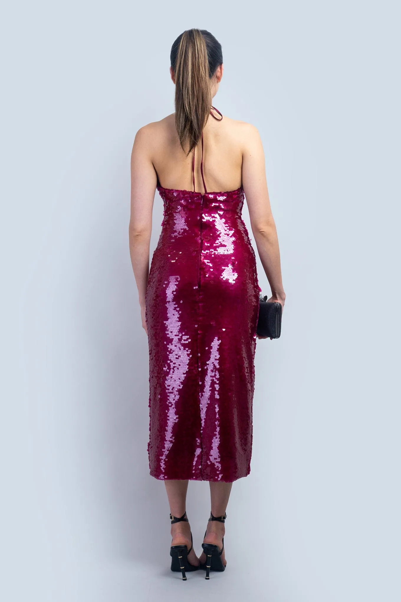 Wine Sequin Halter Midi Dress