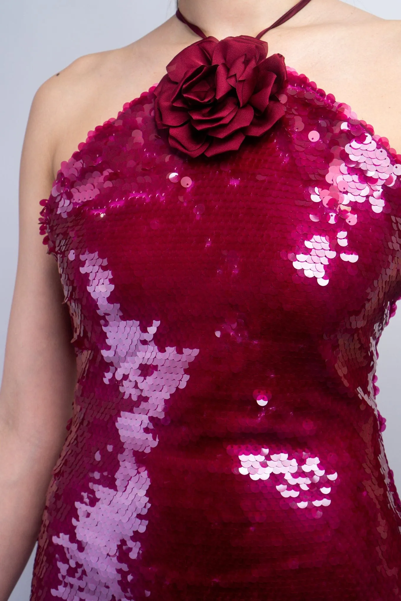 Wine Sequin Halter Midi Dress