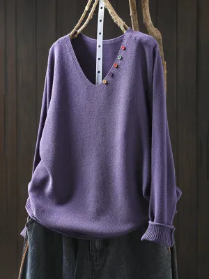 Women Autumn Casual Pure Color V-Neck Sweater