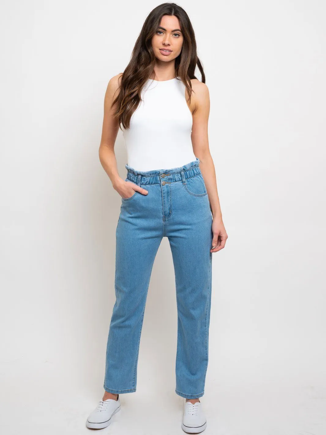 WOMEN'S 2 BUTTON HIGH WAISTED PAPER BAG DENIM JEANS