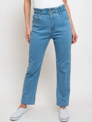 WOMEN'S 2 BUTTON HIGH WAISTED PAPER BAG DENIM JEANS