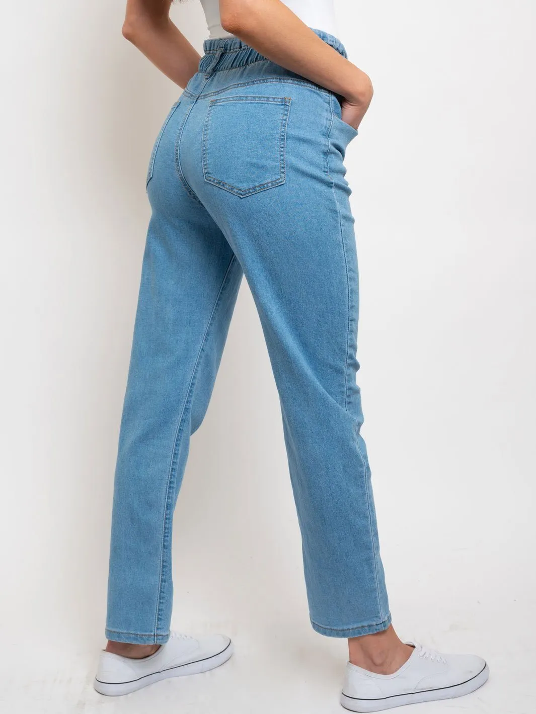 WOMEN'S 2 BUTTON HIGH WAISTED PAPER BAG DENIM JEANS
