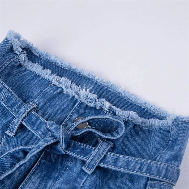 Women's 9-Pants Pants High-waisted Raw-Waist Belt Jeans
