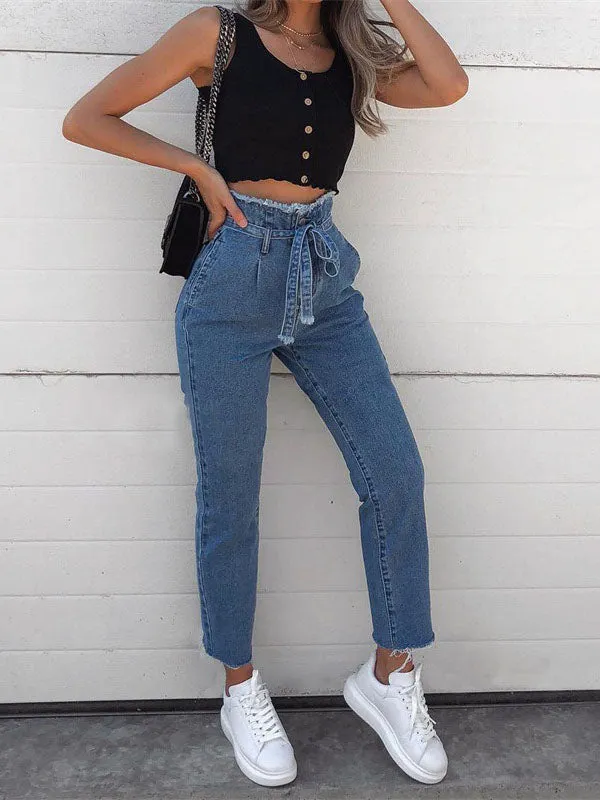Women's 9-Pants Pants High-waisted Raw-Waist Belt Jeans