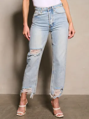 WOMEN'S BUTTON CLOSURE DISTRESS DENIM PANTS