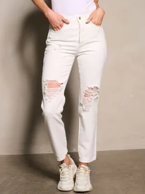 WOMEN'S BUTTON CLOSURE DISTRESS DENIM PANTS