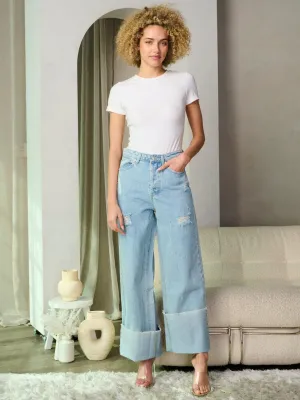 WOMEN'S BUTTON CLOSURE DISTRESS DENIM PANTS