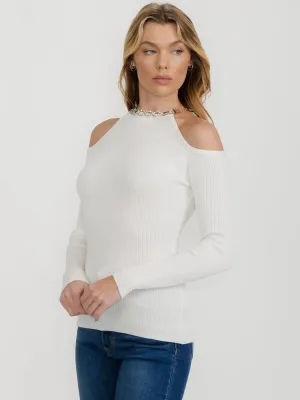 WOMEN'S COLD SHOULDER LONG SLEEVE STUDS RIBBED TOP