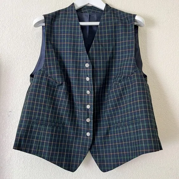 Women's Flannel Plaid Vest Blue/Green Button Up Waistcoat Sleeveless Lightweight