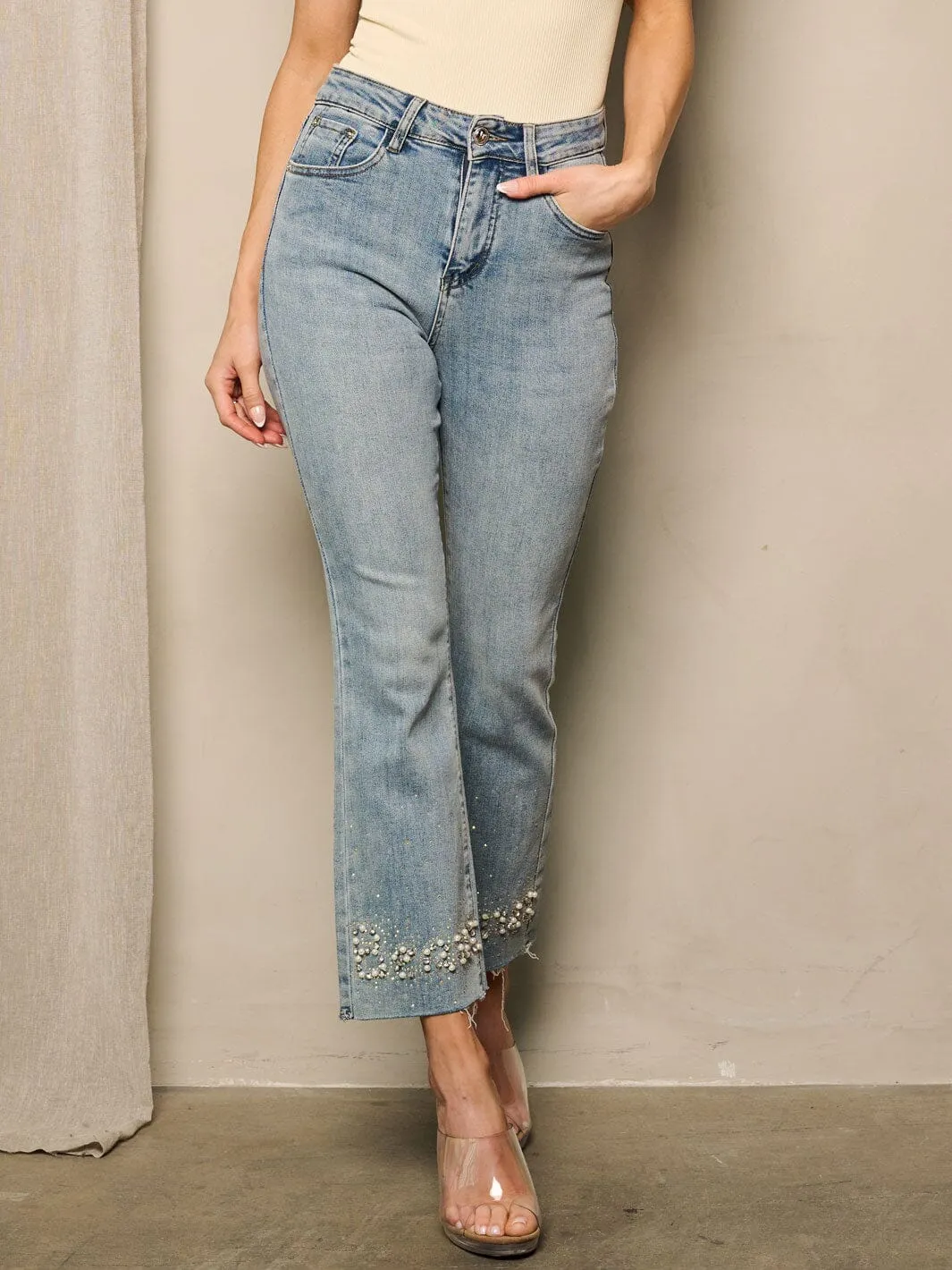 WOMEN'S HIGH WAIST POCKETS PEARL DETAILED DENIM JEANS