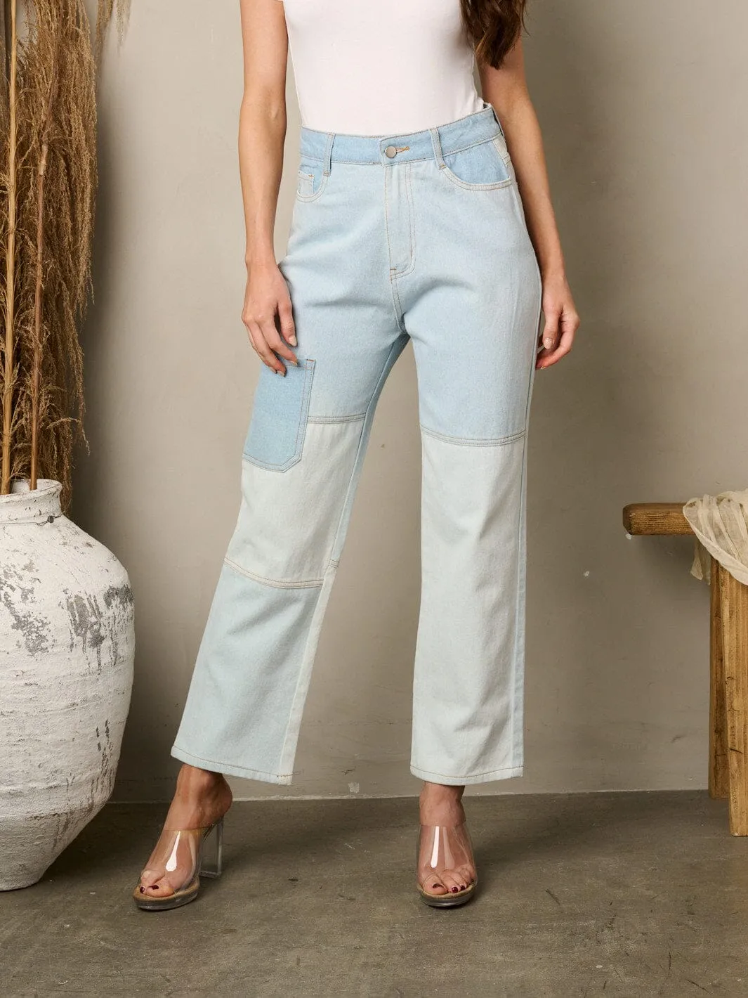 WOMEN'S HIGH WAIST TWO TONE DENIM PANTS