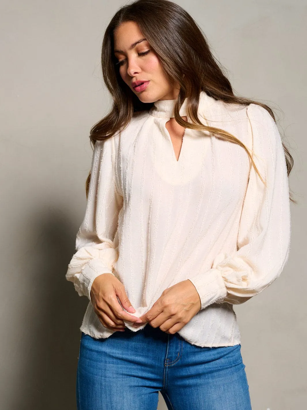 WOMEN'S LONG PUFF SLEEVE V-NECK SHIMMER BLOUSE TOP