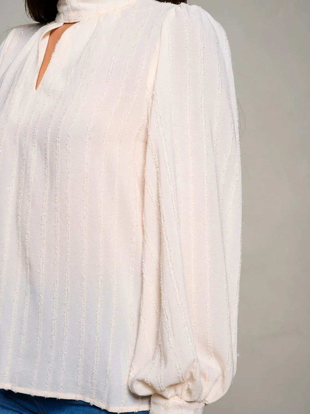 WOMEN'S LONG PUFF SLEEVE V-NECK SHIMMER BLOUSE TOP