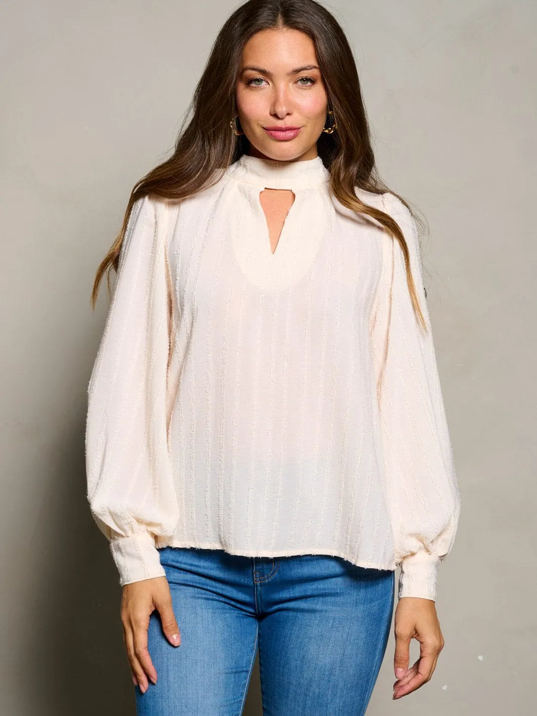 WOMEN'S LONG PUFF SLEEVE V-NECK SHIMMER BLOUSE TOP