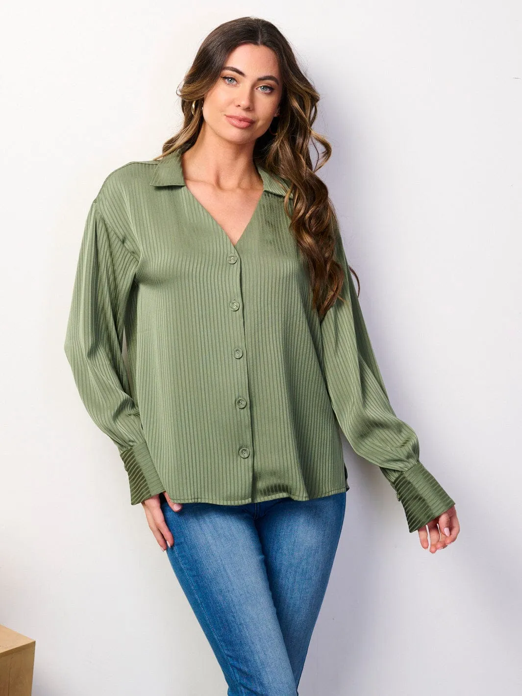 WOMEN'S LONG SLEEVE BUTTON UP V-NECK BLOUSE TOP