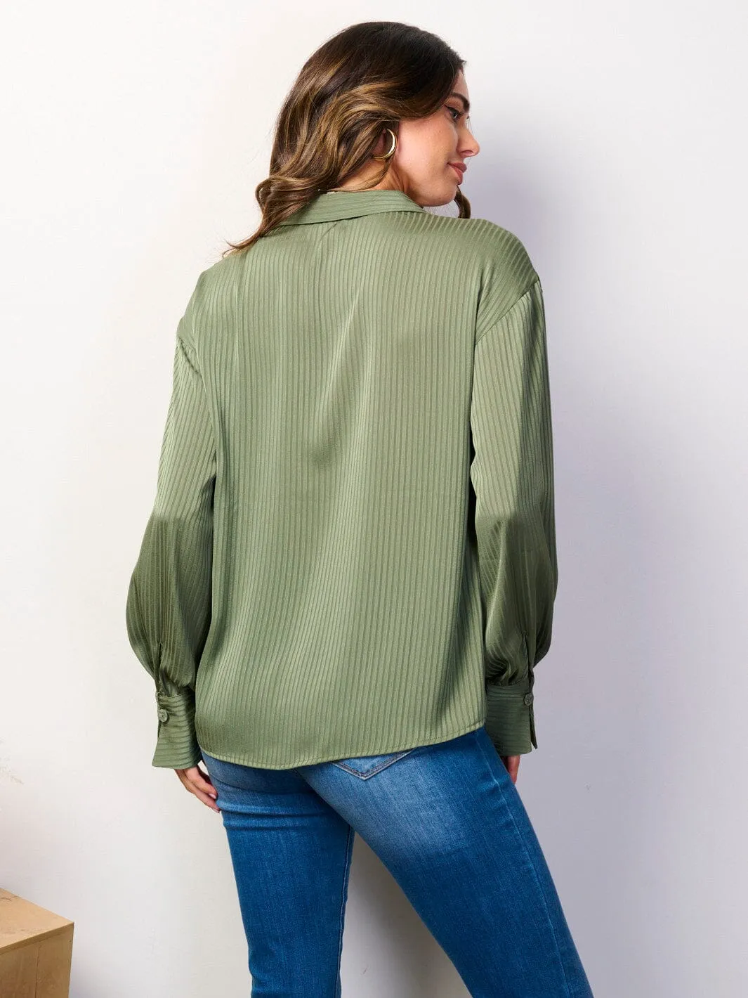 WOMEN'S LONG SLEEVE BUTTON UP V-NECK BLOUSE TOP