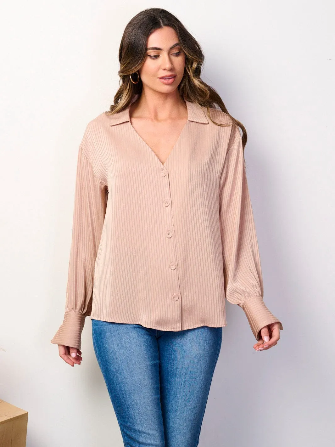 WOMEN'S LONG SLEEVE BUTTON UP V-NECK BLOUSE TOP