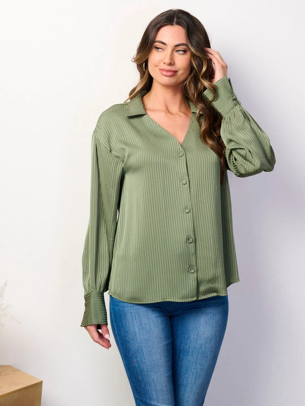 WOMEN'S LONG SLEEVE BUTTON UP V-NECK BLOUSE TOP