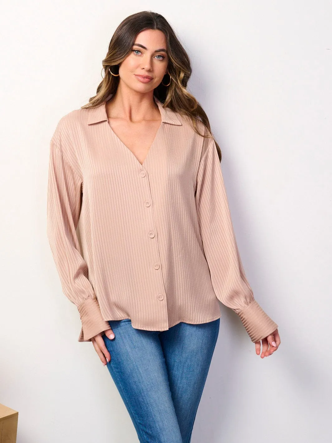 WOMEN'S LONG SLEEVE BUTTON UP V-NECK BLOUSE TOP