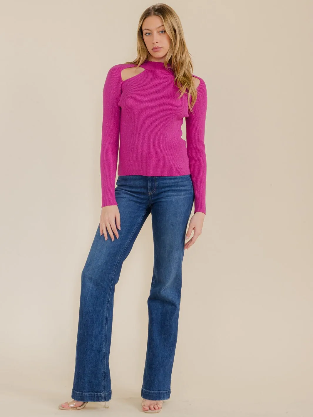 WOMEN'S LONG SLEEVE CUT OUT SHIMMER RIBBED BLOUSE