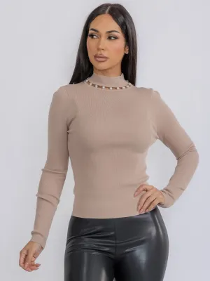 WOMEN'S LONG SLEEVE MOCK DETAILED NECK RIBBED TOP