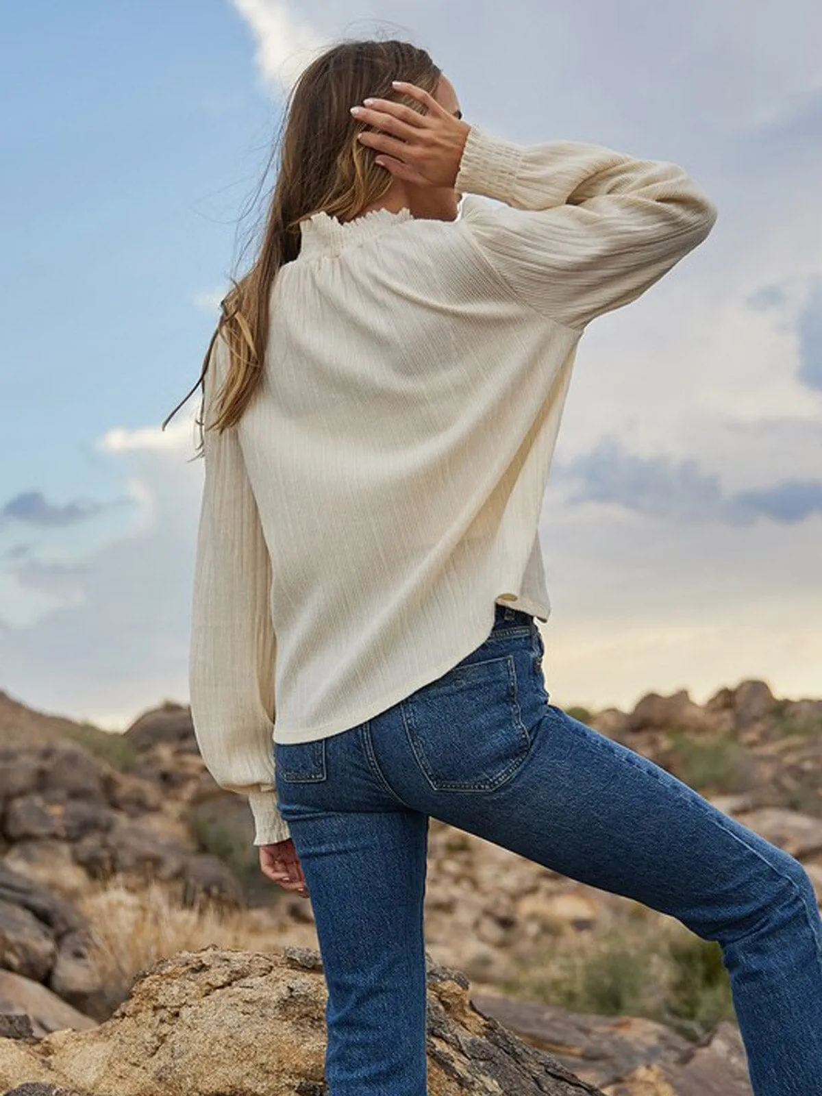 WOMEN'S LONG SLEEVE MOCK NECK RIBBED BLOUSE TOP