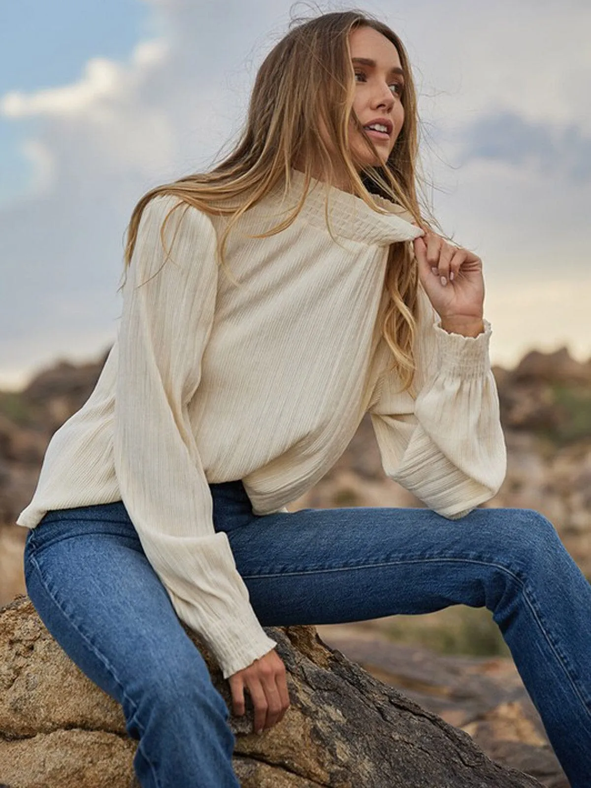 WOMEN'S LONG SLEEVE MOCK NECK RIBBED BLOUSE TOP