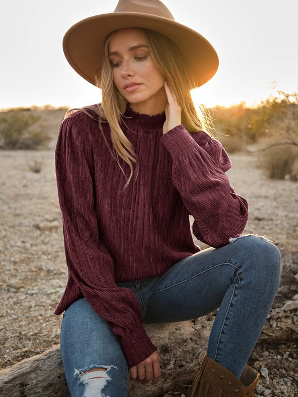 WOMEN'S LONG SLEEVE MOCK NECK RIBBED BLOUSE TOP