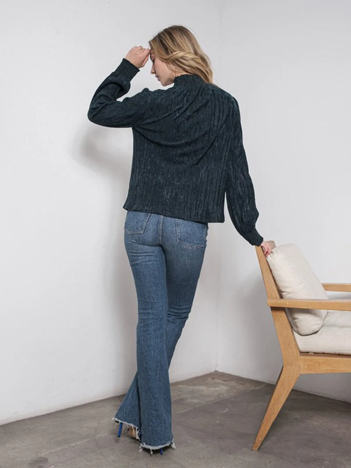WOMEN'S LONG SLEEVE MOCK NECK RIBBED BLOUSE TOP